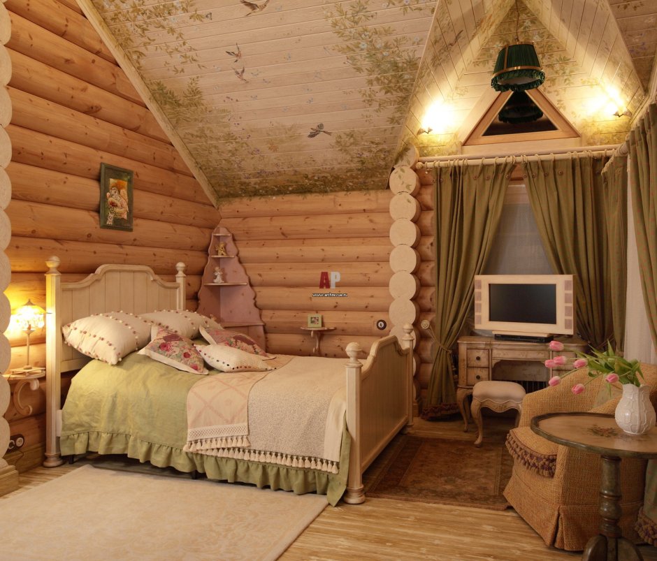 Спальня в русском стиле в деревянном доме