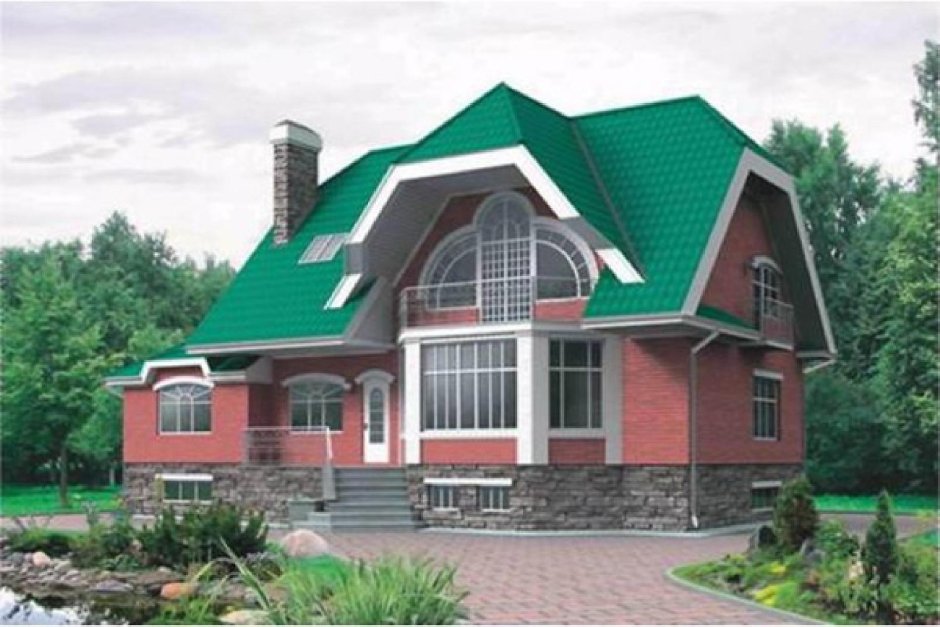 Зеленый дом с красной крышей