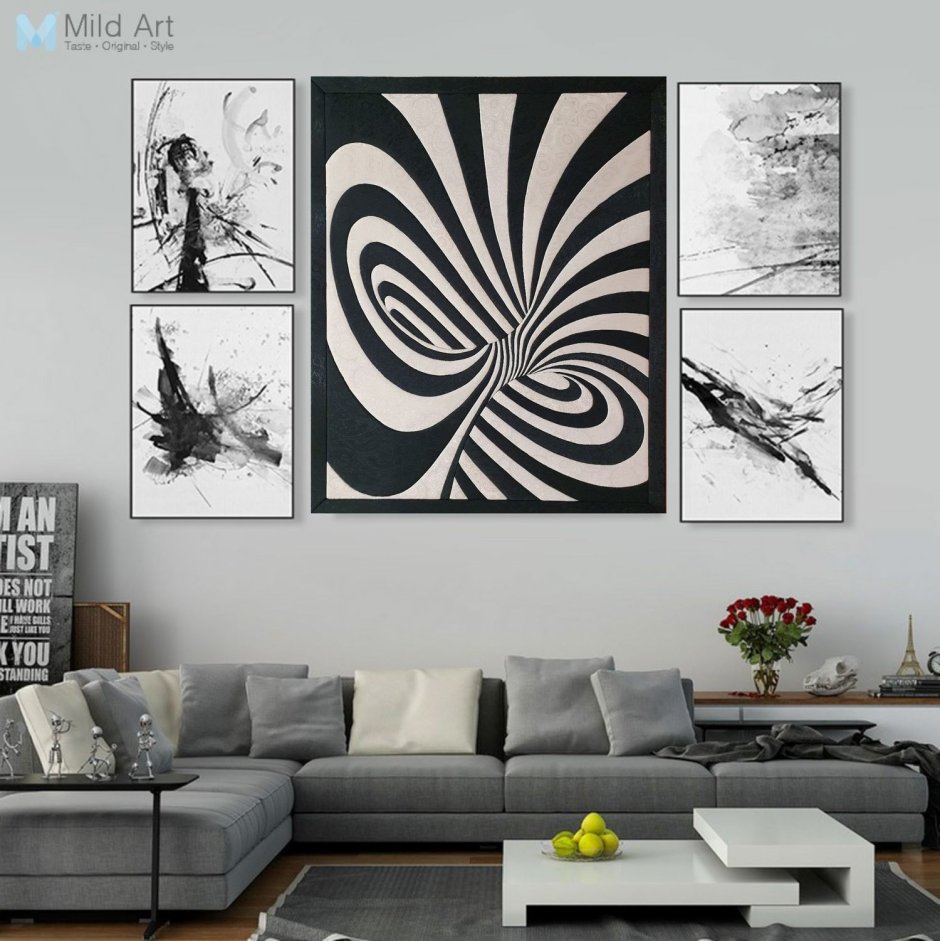 Картина абстракция черно белая в современном стиле