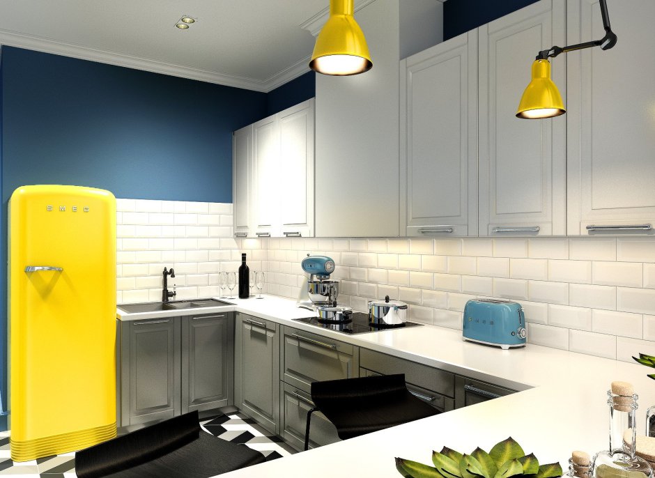 Желтые стены на кухне и красный холодильник