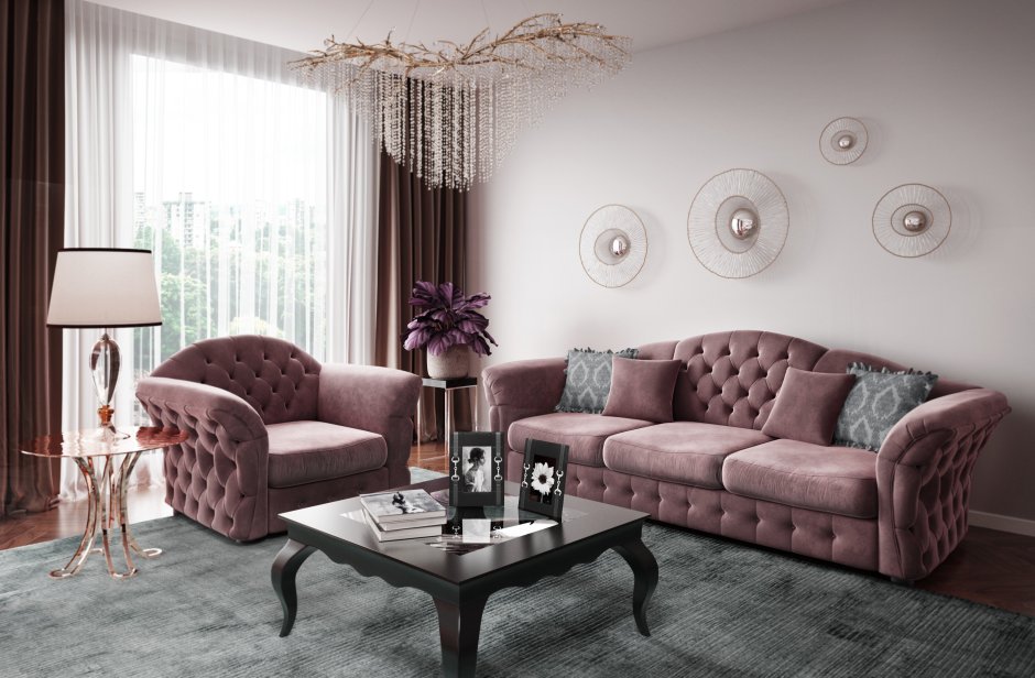 Темно розовый диван в интерьере