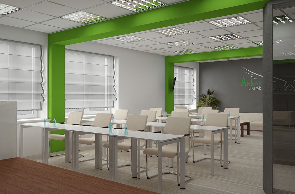 Бело зеленый интерьер офиса