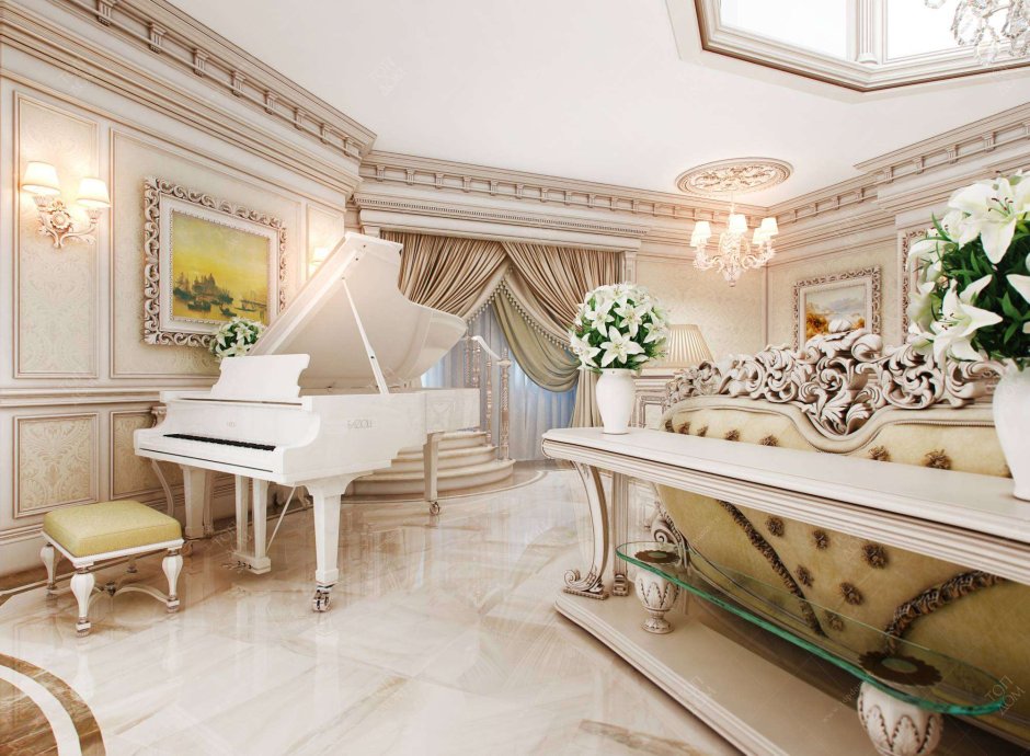 Белое пианино с цветами в интерьере