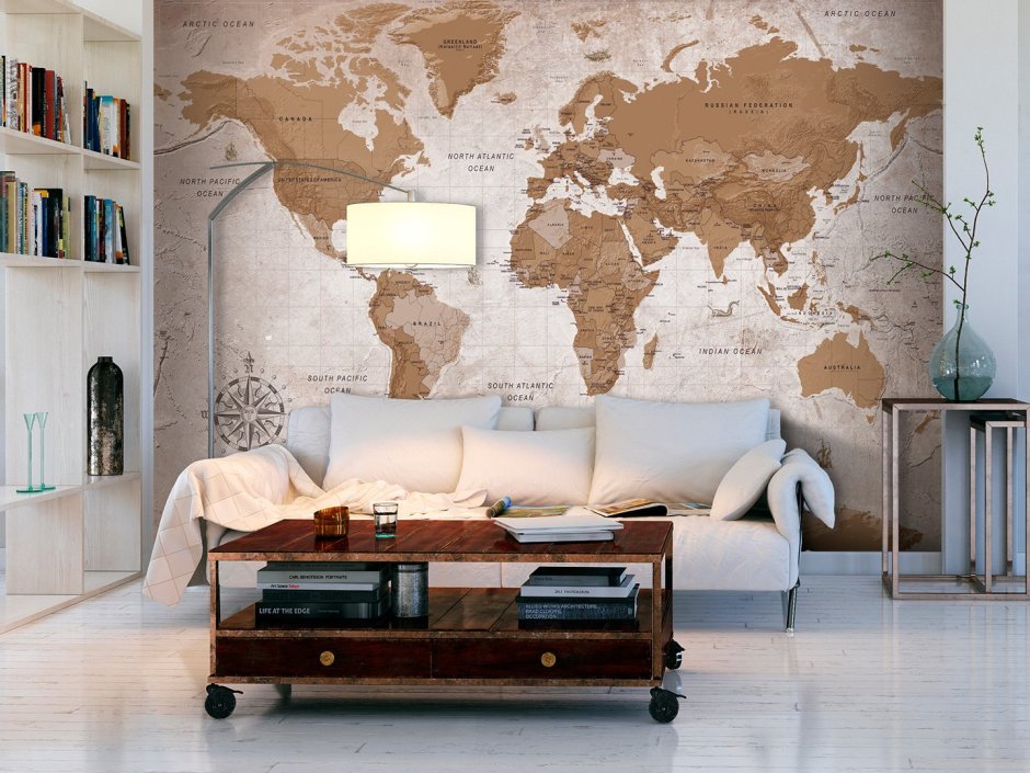 Дизайн гостиной с картой мира
