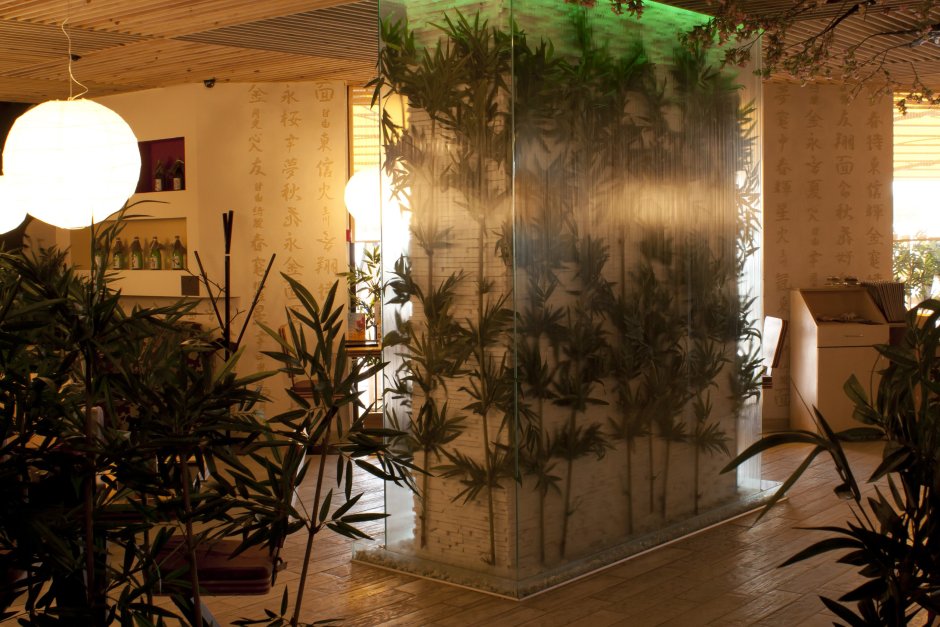 Стеклянная стена с растениями