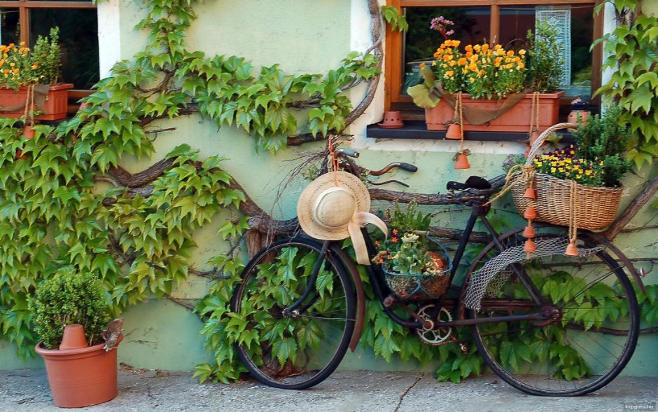 Велосипед в саду на стене декор