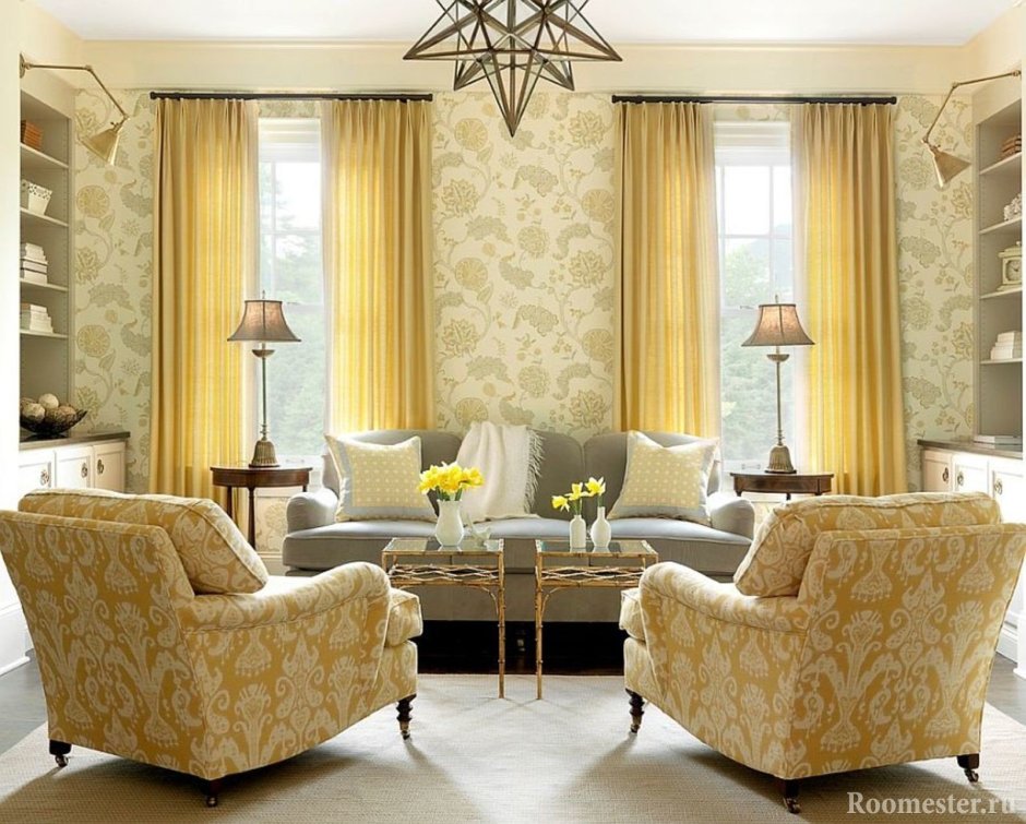 Золотистый цвет в интерьере гостиной