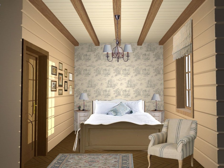 Интерьер спальни в деревянном доме из бруса