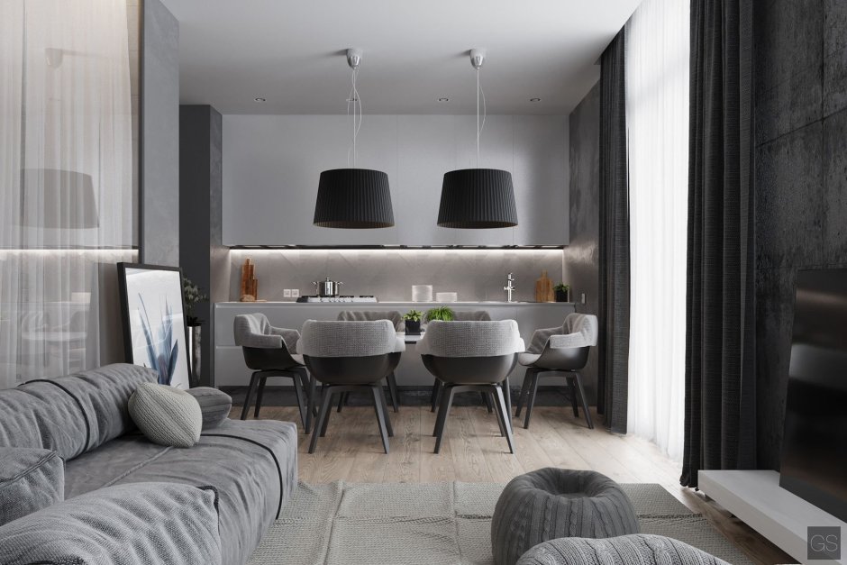 Дизайн квартиры в темно серых и пастельных тонах