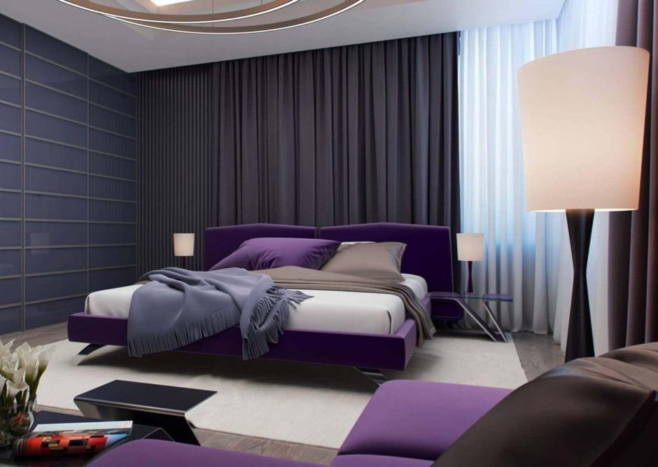 Темно фиолетовые шторы в спальне