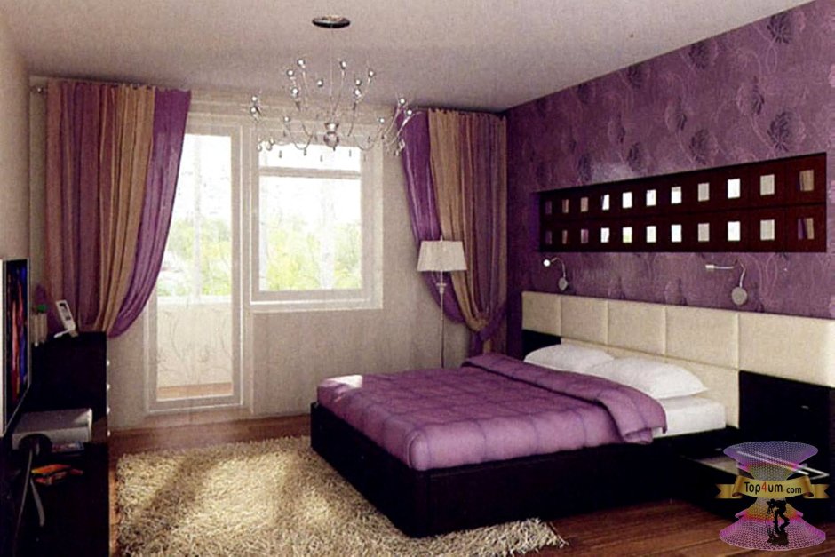 Черничный цвет в интерьере спальни