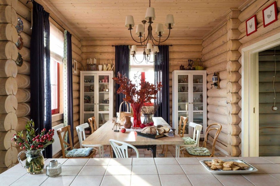 Интерьер дома из оцилиндрованного бревна в стиле Прованс