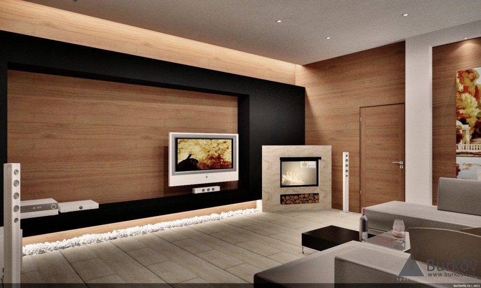Телевизор на деревянной панели на стене