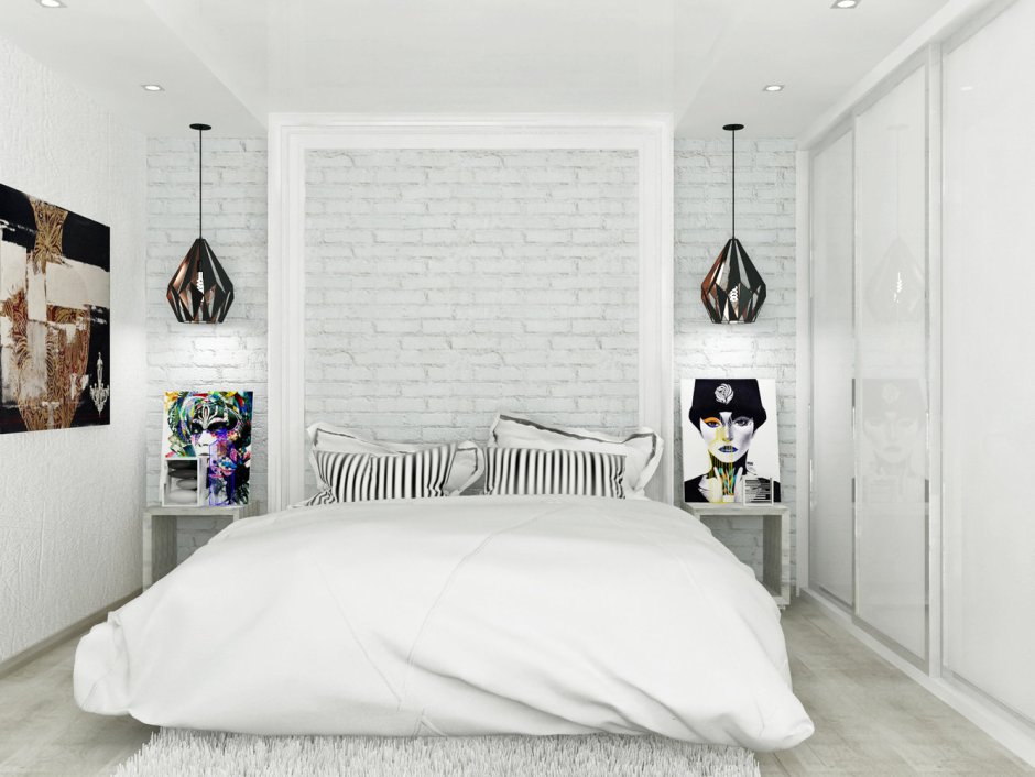 Спальня белый кирпич на стене