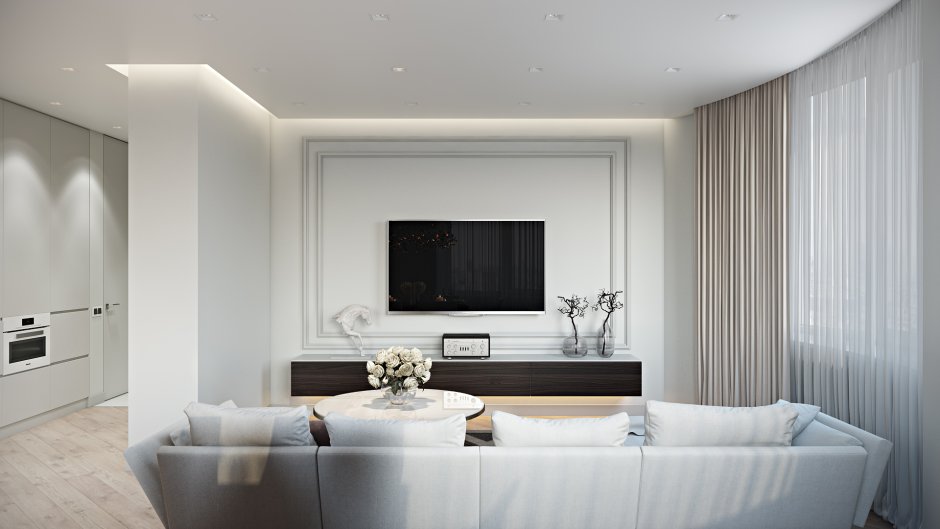 Интерьер белой гостиной в современном стиле