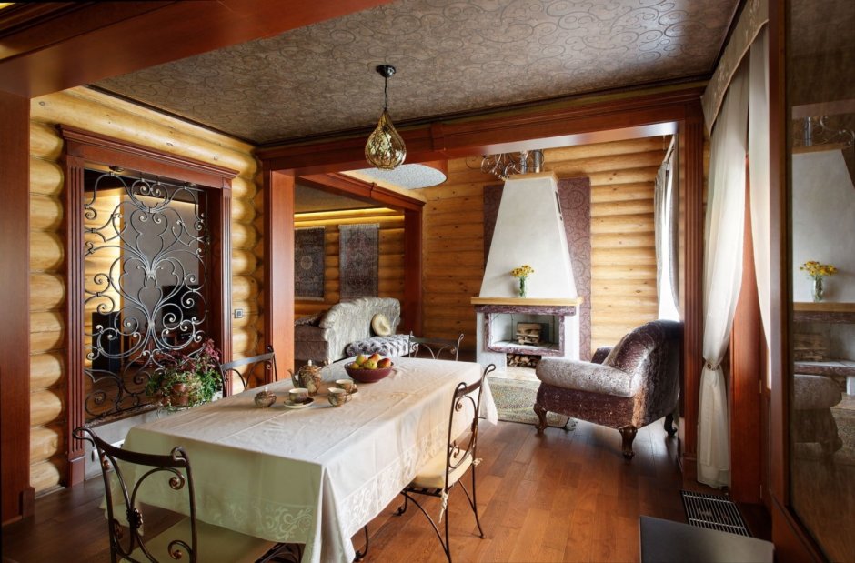 Гостиная в стиле Кантри в деревянном доме