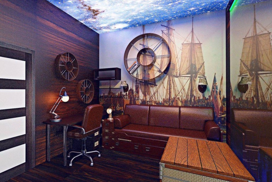 Интерьер кабинета в квартире в морском стиле