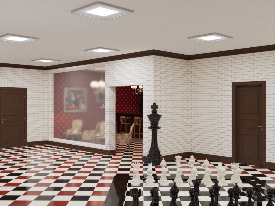 Интерьер гостиной с шахматным полом