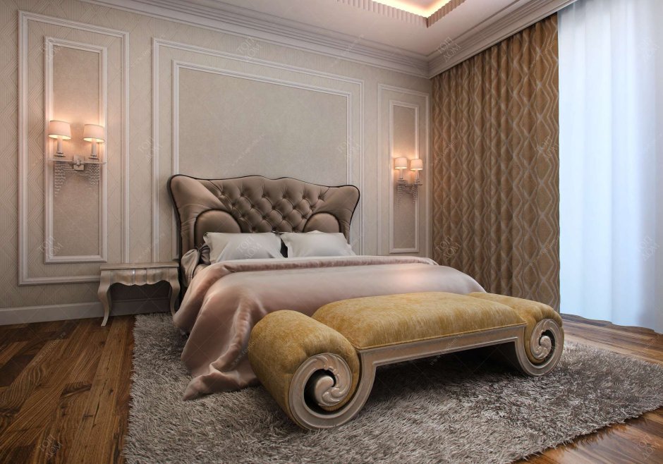 Молдинги в спальне над кроватью в классическом стиле
