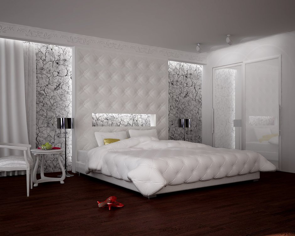 Красивая спальня с белой кроватью