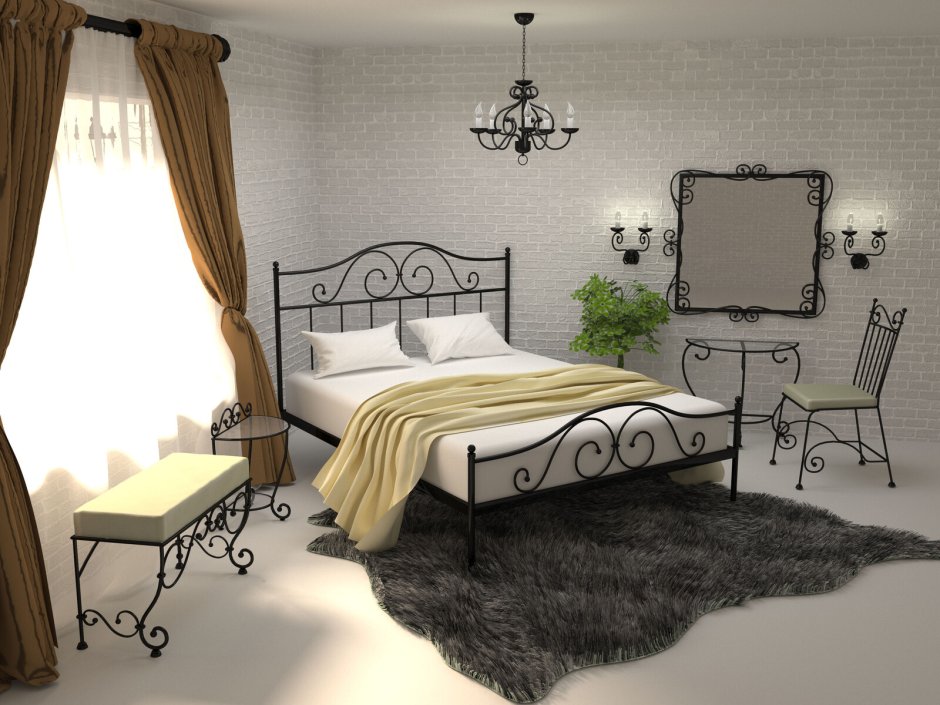 Интерьер спальни с черной кованой кроватью