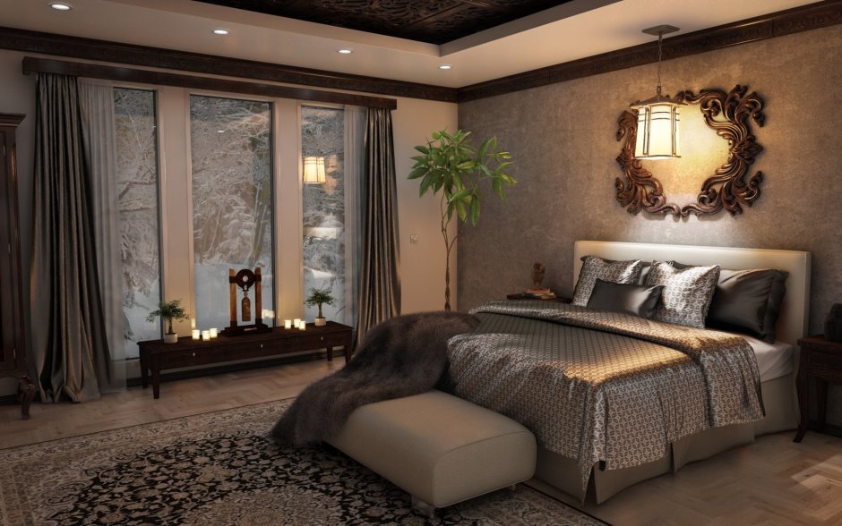 Дизайн спальни с коричневой кроватью