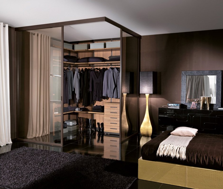 Современная спальня с гардеробной в современном стиле