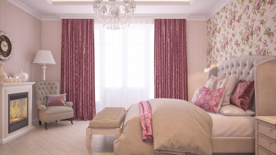 Розовые шторы в интерьере спальни