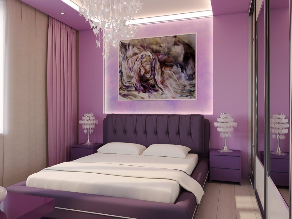 Спальня в фиолетовых тонах с подсветкой