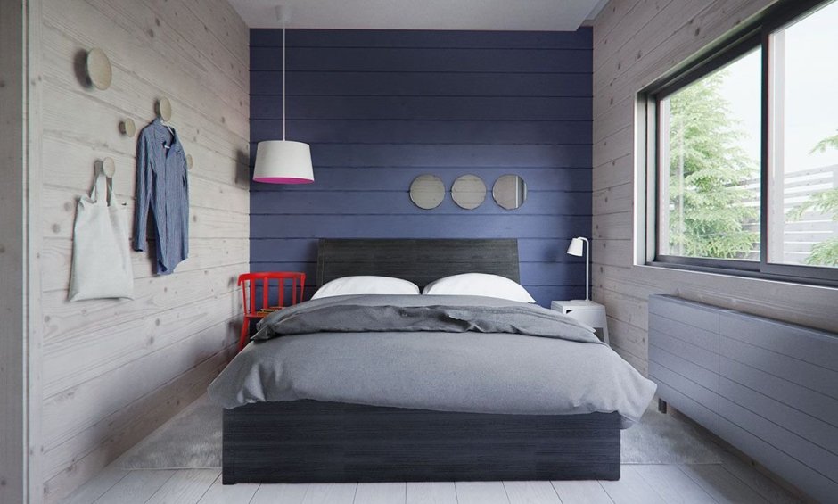 Спальня с деревянными стеновыми панелями