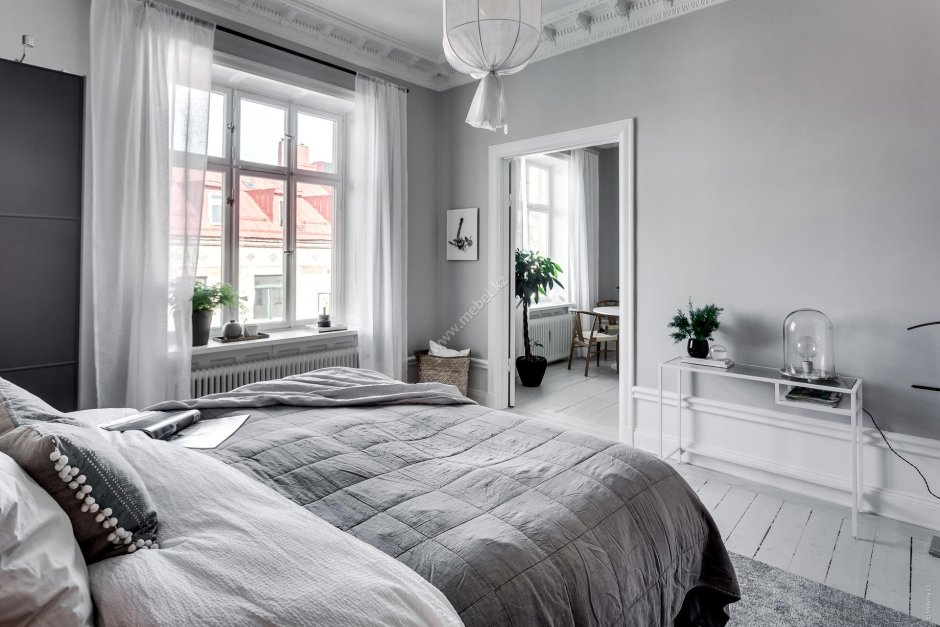 Спальня в скандинавском стиле в серых тонах
