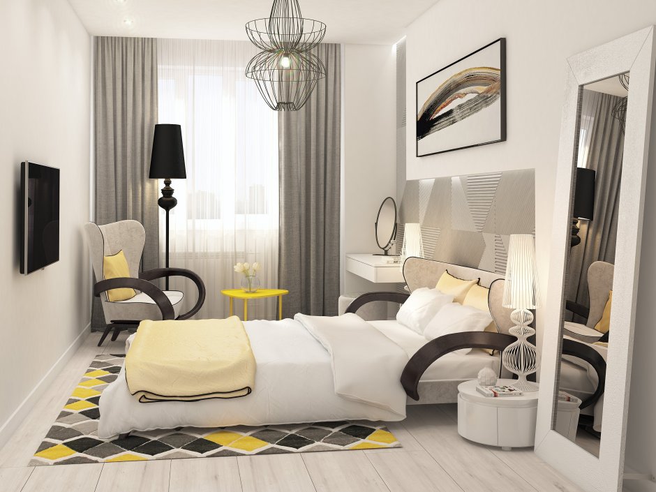 Спальня в серо желтом стиле