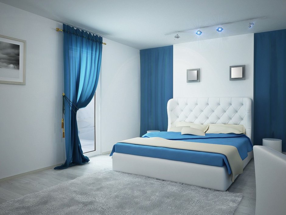 Синие шторы в белой спальне (73 фото)