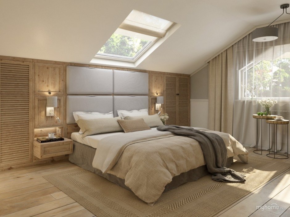 Спальня в мансарде со скошенным потолком в скандинавском стиле