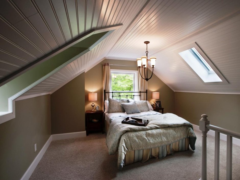 Спальня в современном стиле со скошенным потолком