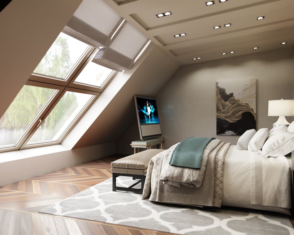 Спальня на мансарде с двускатной крышей