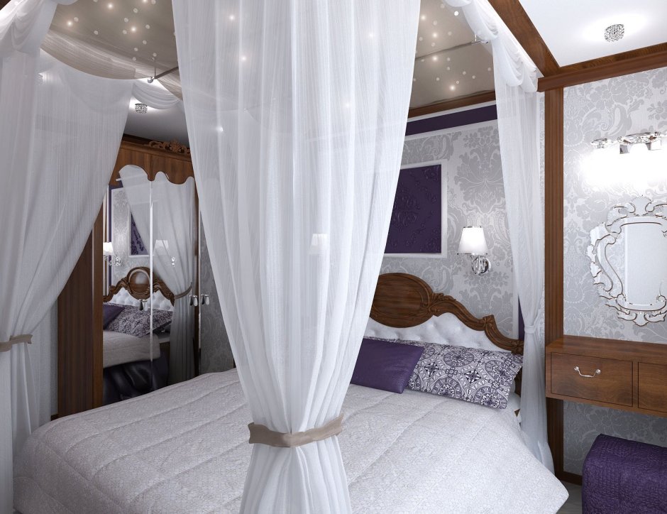 Кровать с балдахином в маленькой спальне
