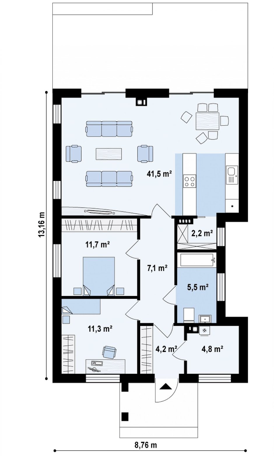 Планировка одноэтажного дома с террасой 2 спальни 80 кв м