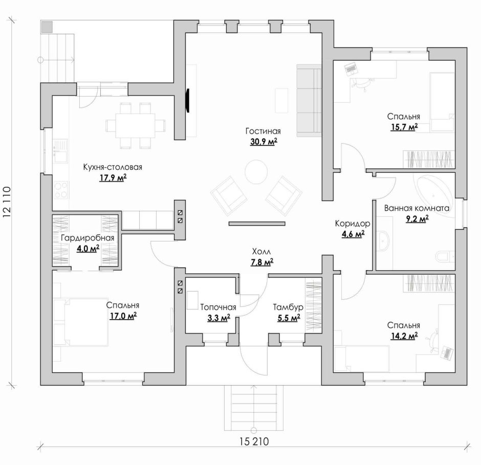 Планировка одноэтажного дома 15х11