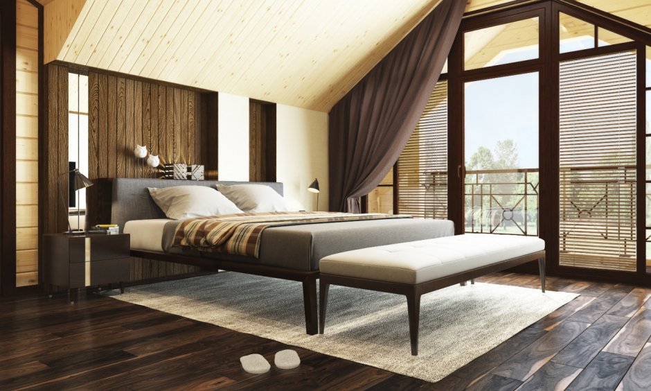 Современный интерьер спальни в деревянном доме