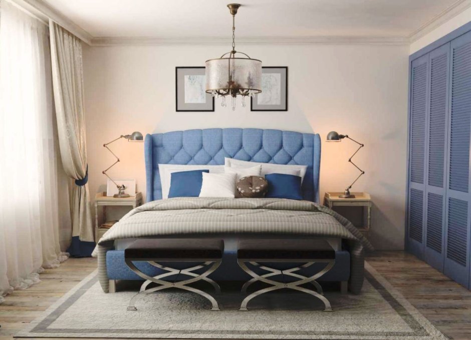 Спальня с голубой кроватью (72 фото)