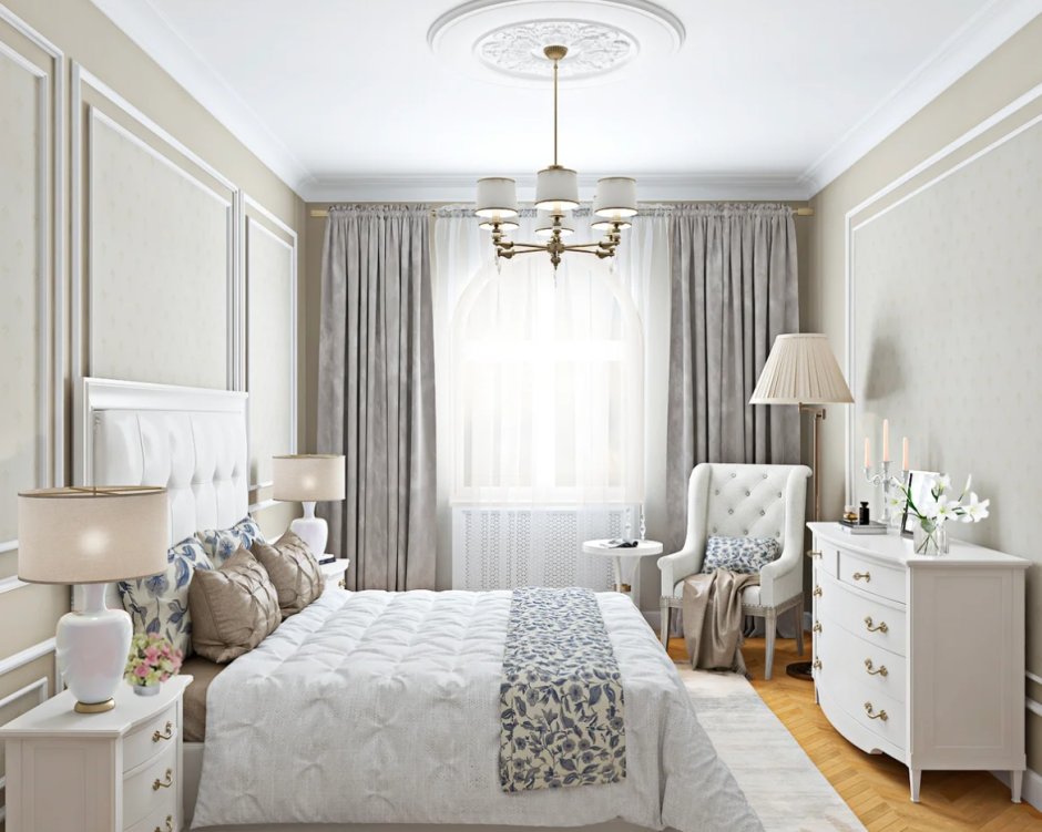 Интерьер спальни в пастельных тонах в классическом стиле