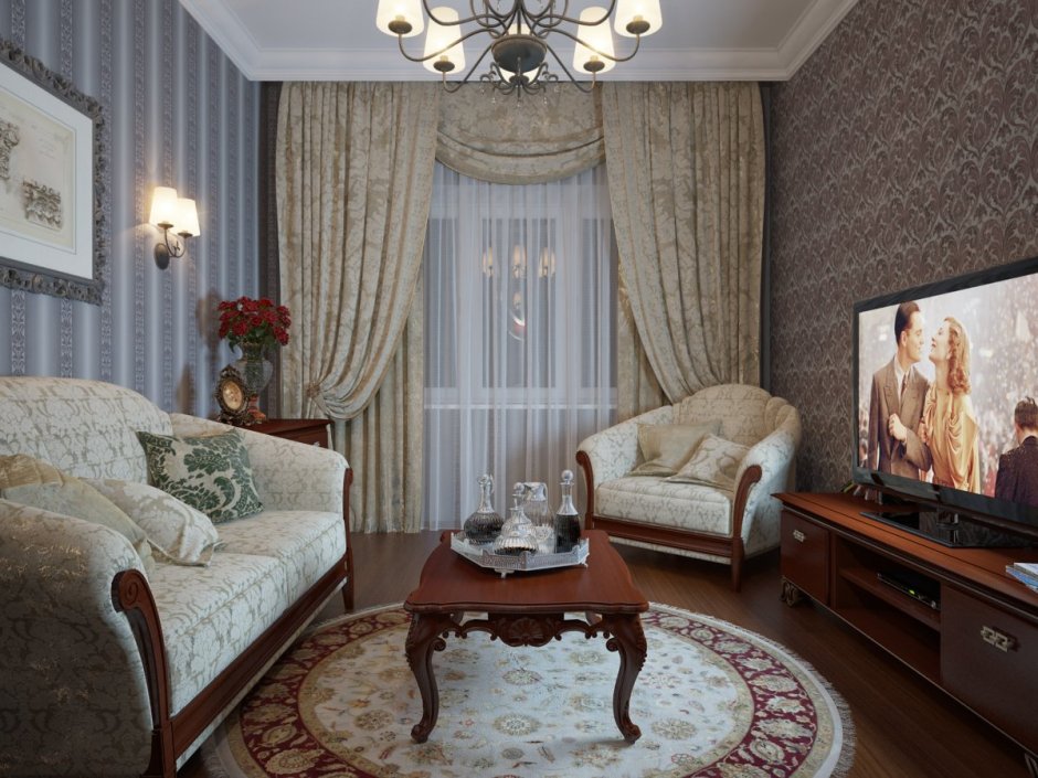 Интерьер гостиной в частном доме в классическом стиле