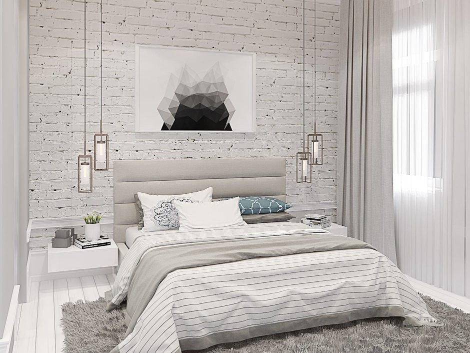 Спальня в стиле лофт белый кирпич