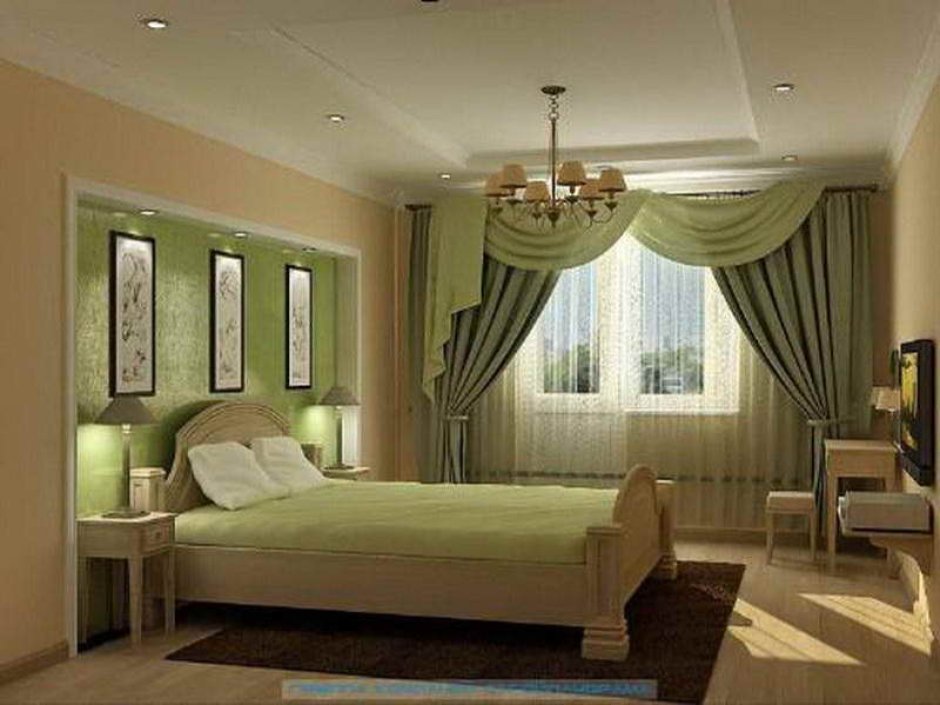 Оливковые шторы в спальне