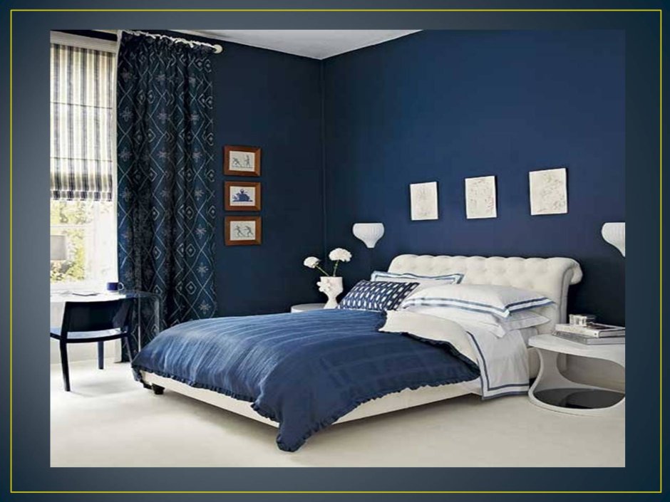 Спальня с темно синей мебелью