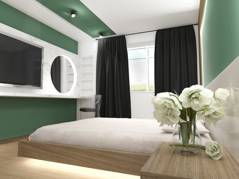 Спальня в черно белых тонах с зелёным