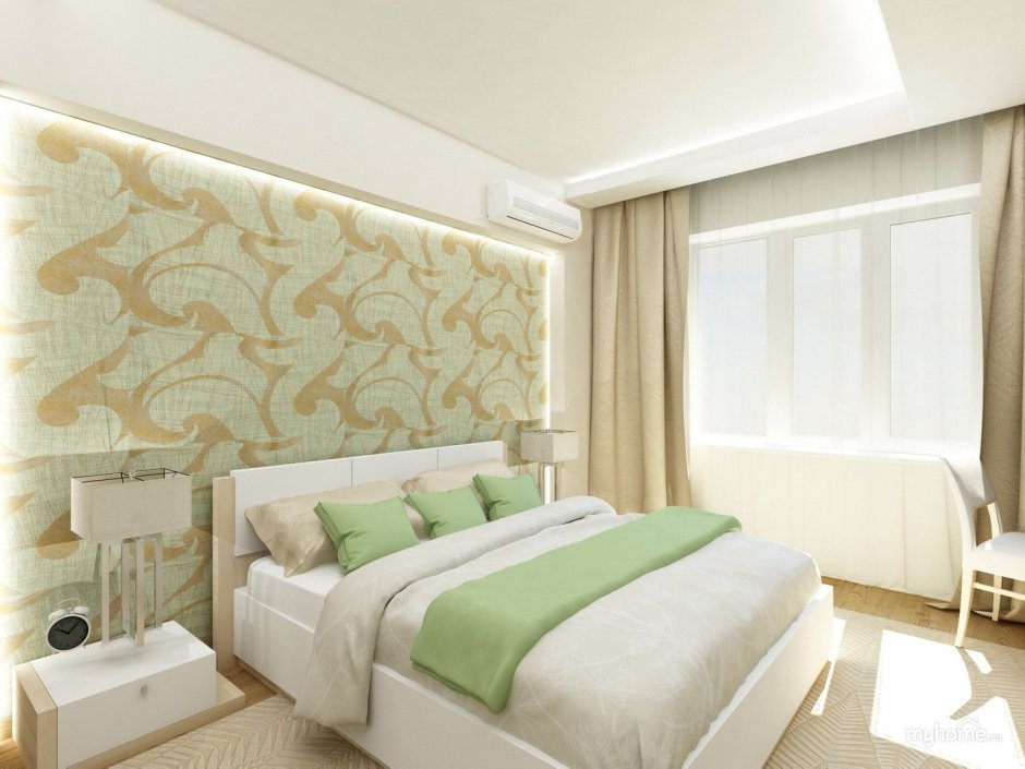 Зеленые стены в спальне с балдахином