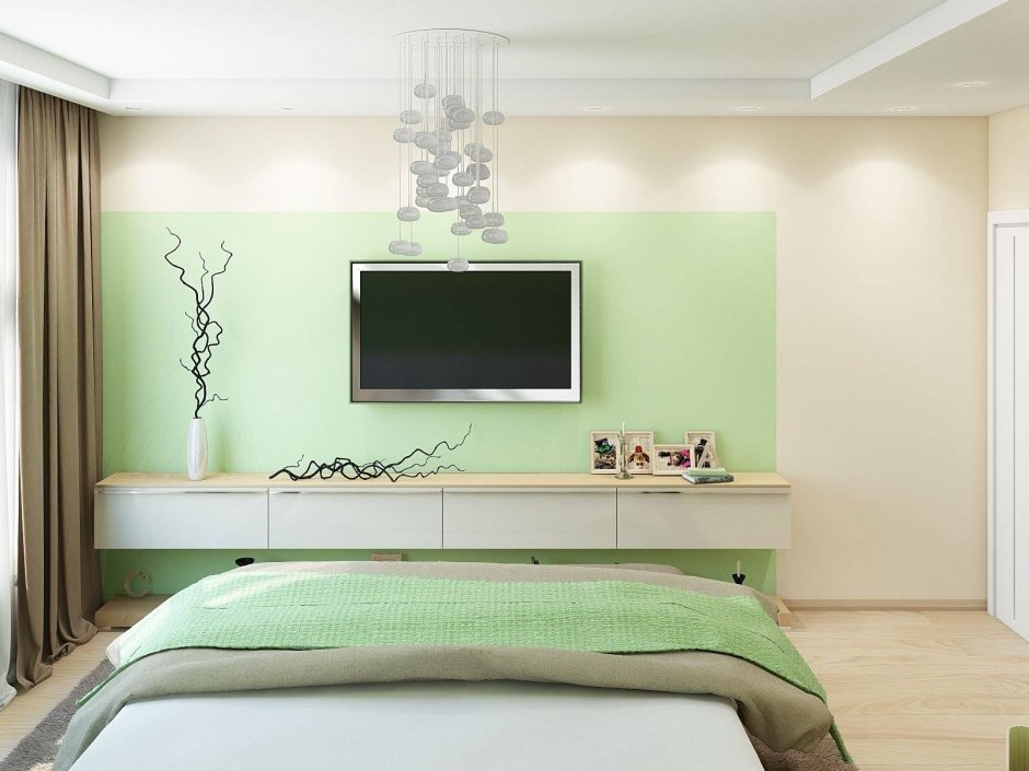 Интерьер зелёный экостиль спальня