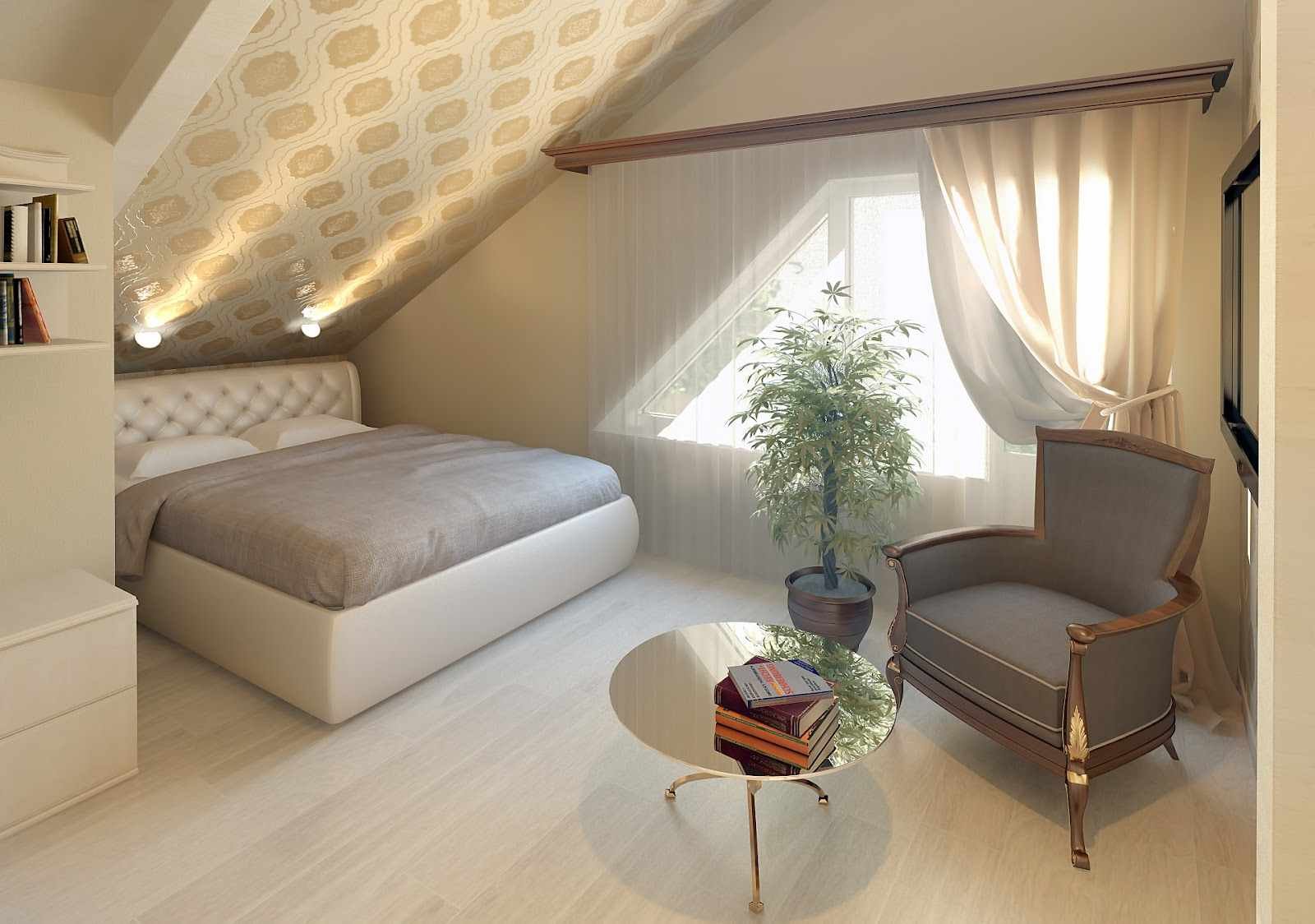 Дизайн маленькой спальни в мансарде со скошенным потолком
